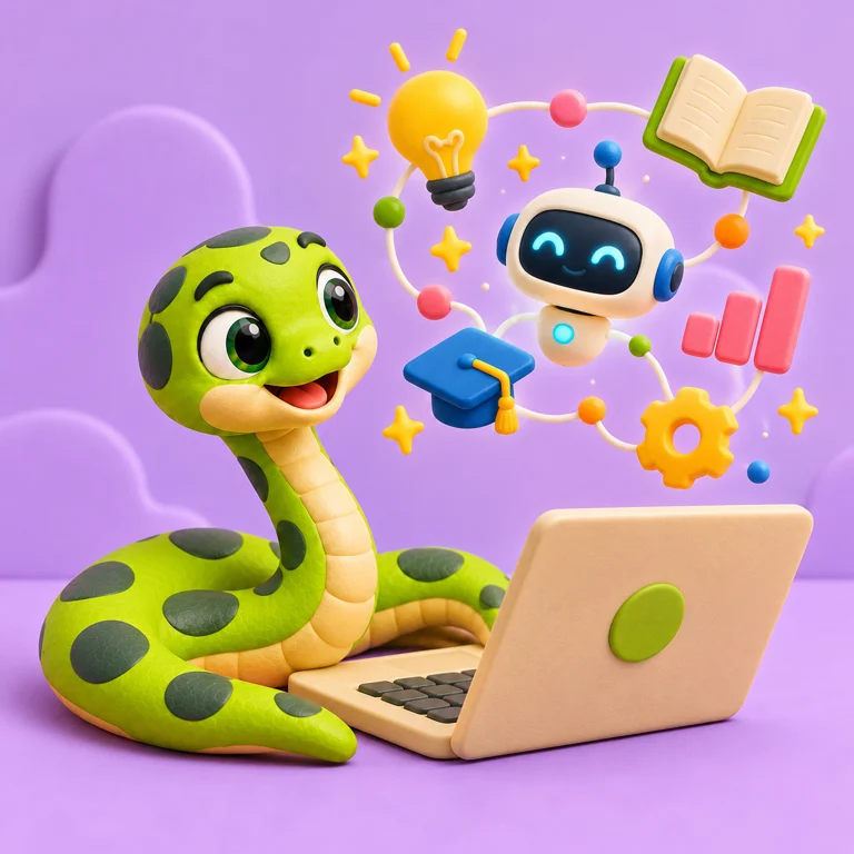 The snake mascot exploring a constellation of AI and learning ideas