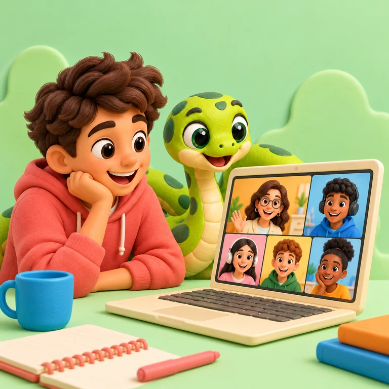 A teenager and The snake mascot learning with an instructor in a small online group