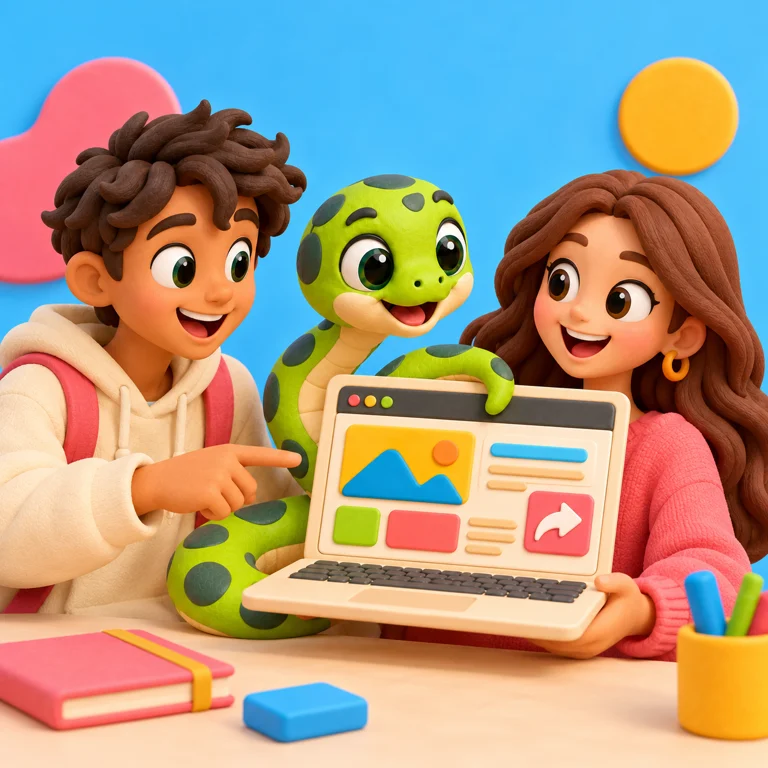 A teenager and The snake mascot sharing a web application with a friend