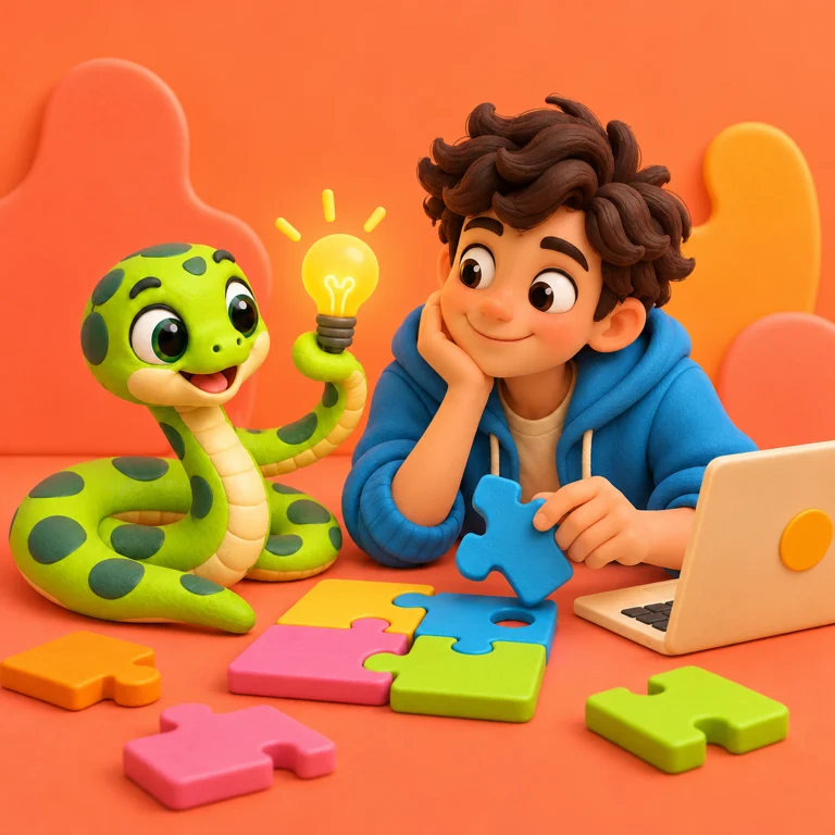 The snake mascot and a curious teenager testing ideas with colorful puzzle pieces