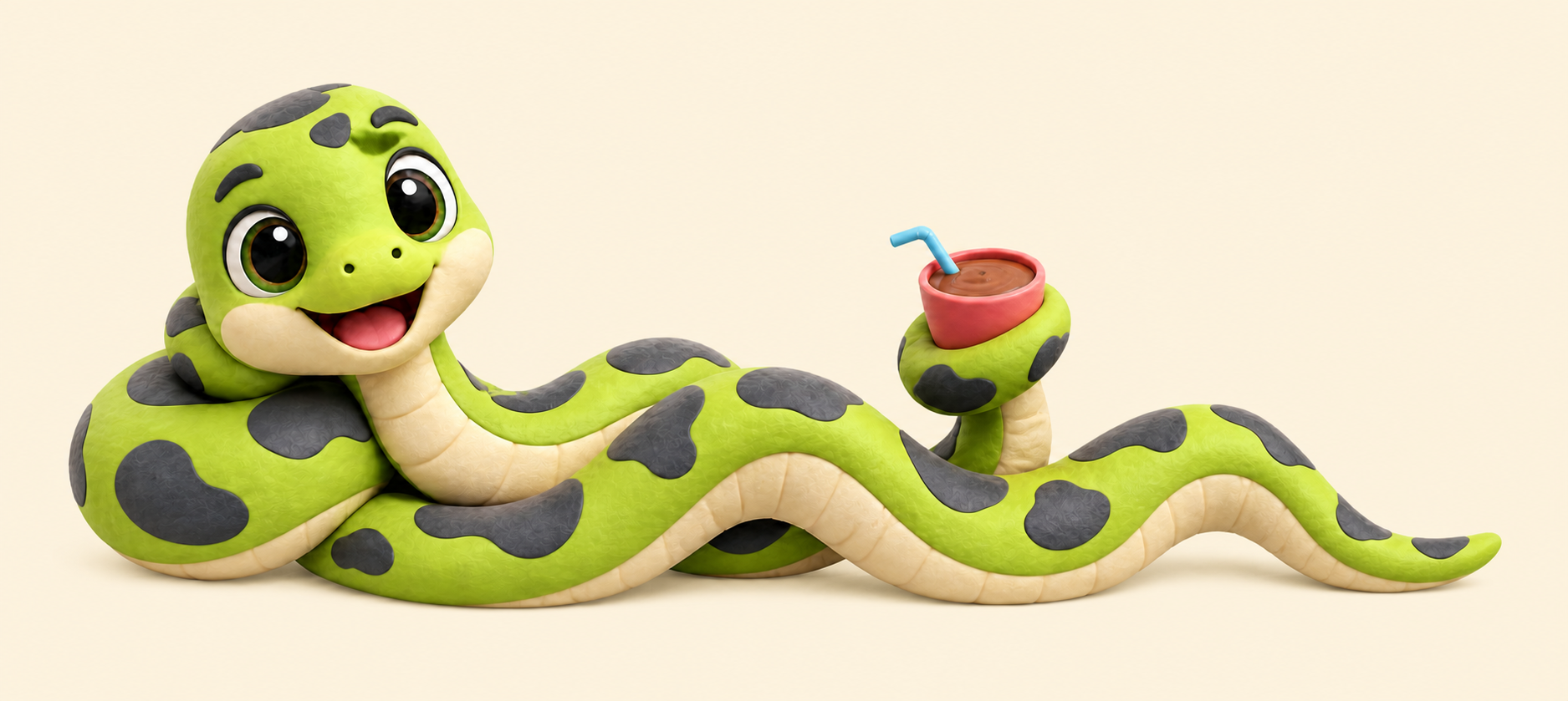 The snake mascot relaxes with a drink beside the workshop schedule